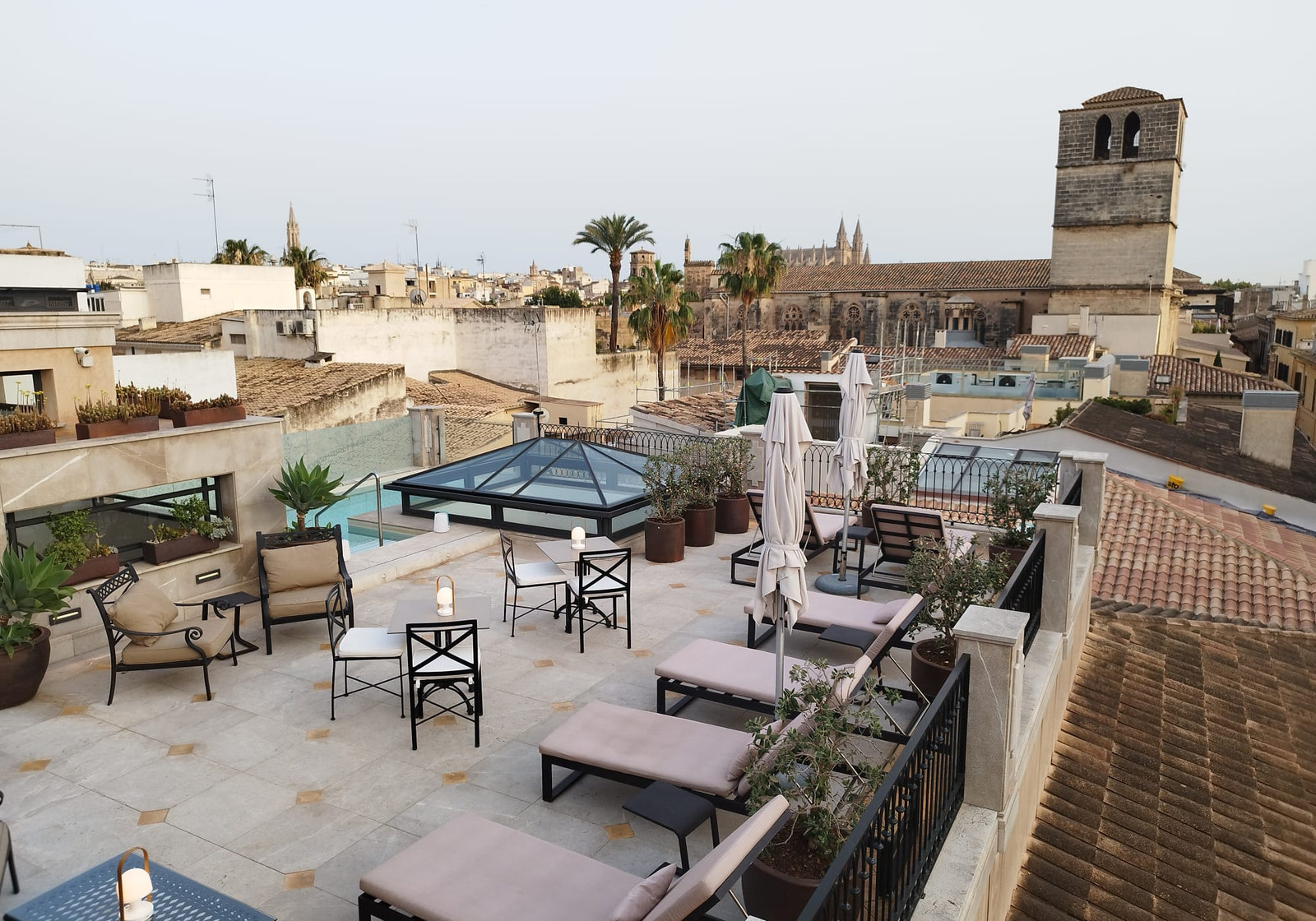 Rooftop terrace looking over the Sant Jaume bell tower in Palma